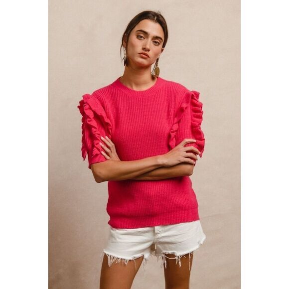 BiBi Ruffle Sleeve Ribbed Sweater In Fuscia Pink Sz Large - Picture 2 of 4